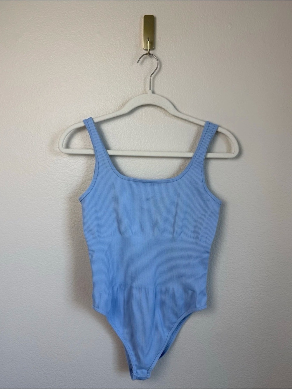 OQQ Bodysuit Womens L Blue Ribbed Sleeveless Stretch Nylon Spandex Snap